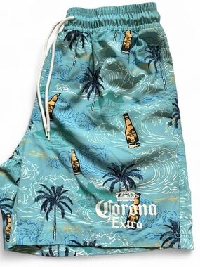 Corona Teal Palm & Wave Print Men’s Swim Board Shorts